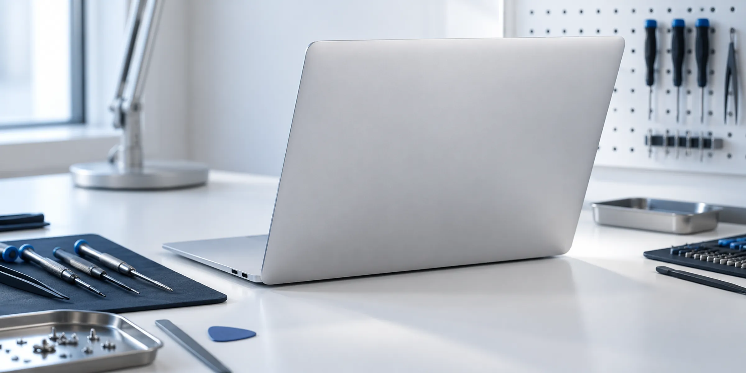 A silver laptop viewed from behind on a clean repair bench, with precision screwdrivers beside it