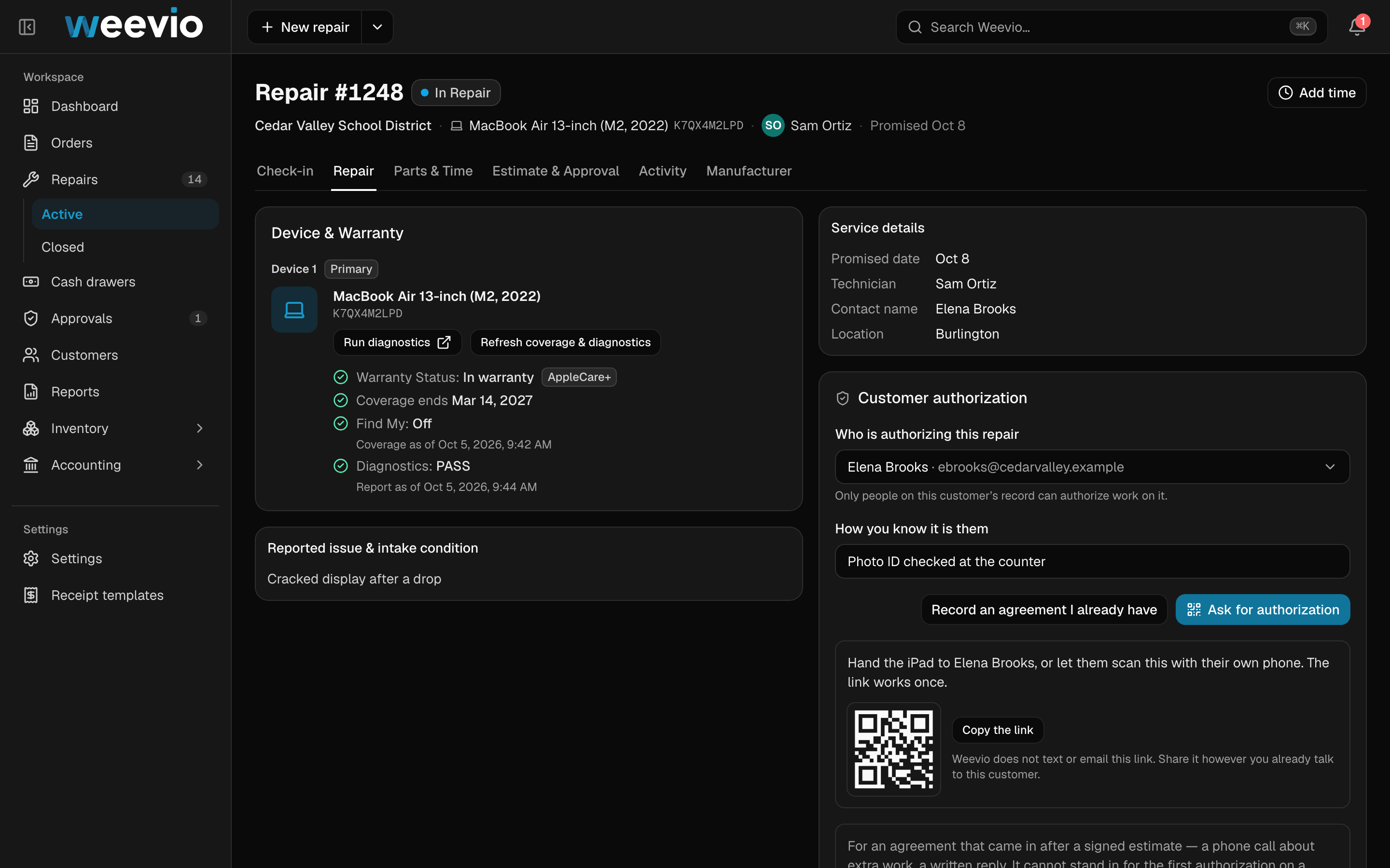 The same Repair #1248 page in dark mode.