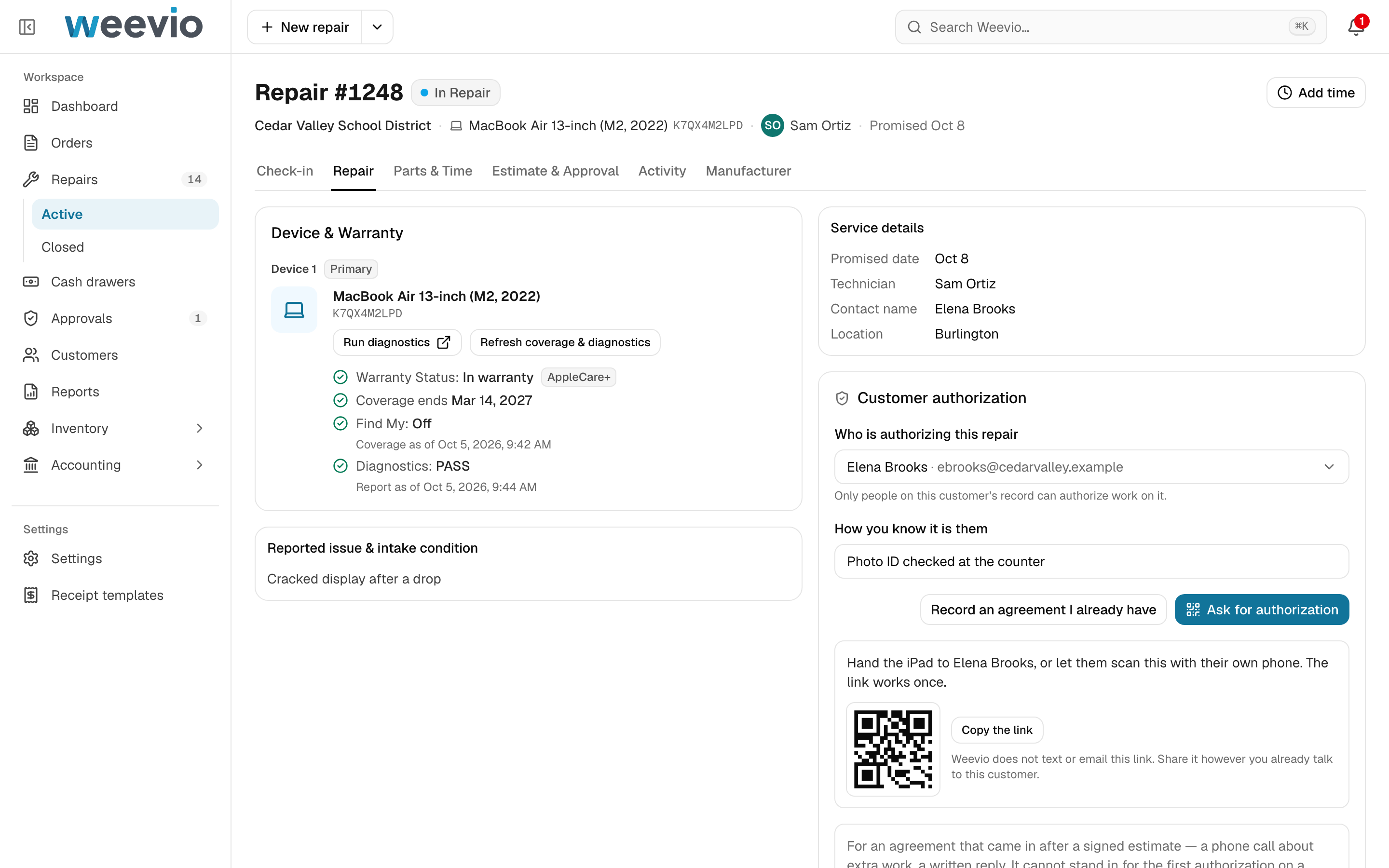 Repair #1248 in light mode, with device and warranty, the reported issue, service details and customer authorization.